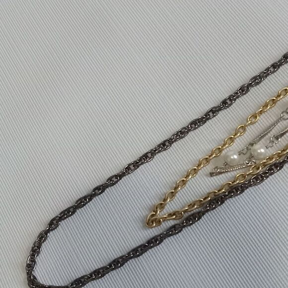 Triple Strand Long Length Gold & Silver Toned Layered Chain Statement Necklace - Picture 6 of 9